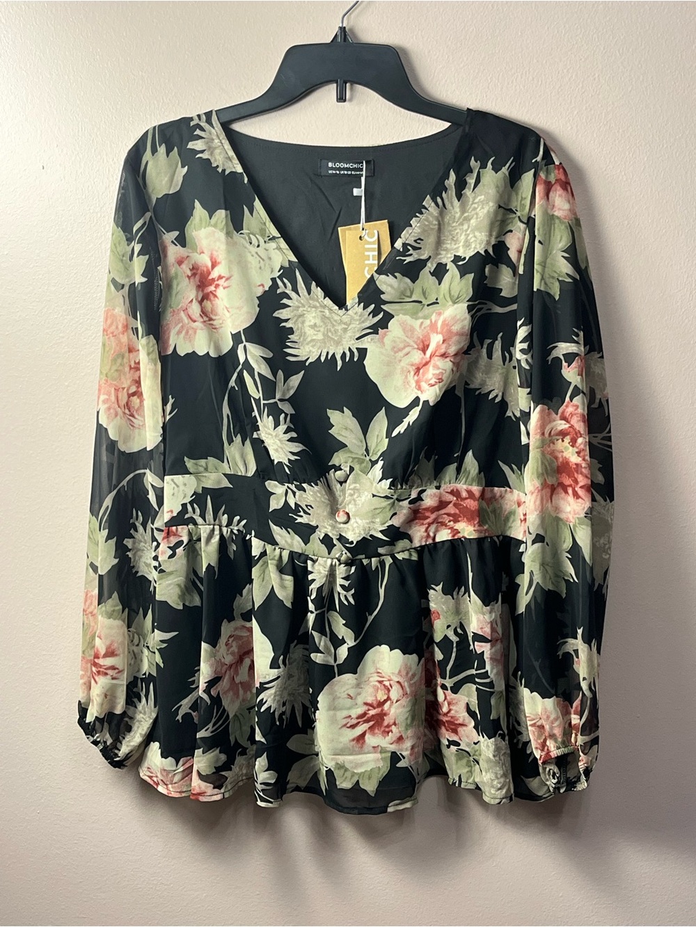 BloomChic Black Floral V-Neck Peplum Blouse with Pink and Cream Flowers